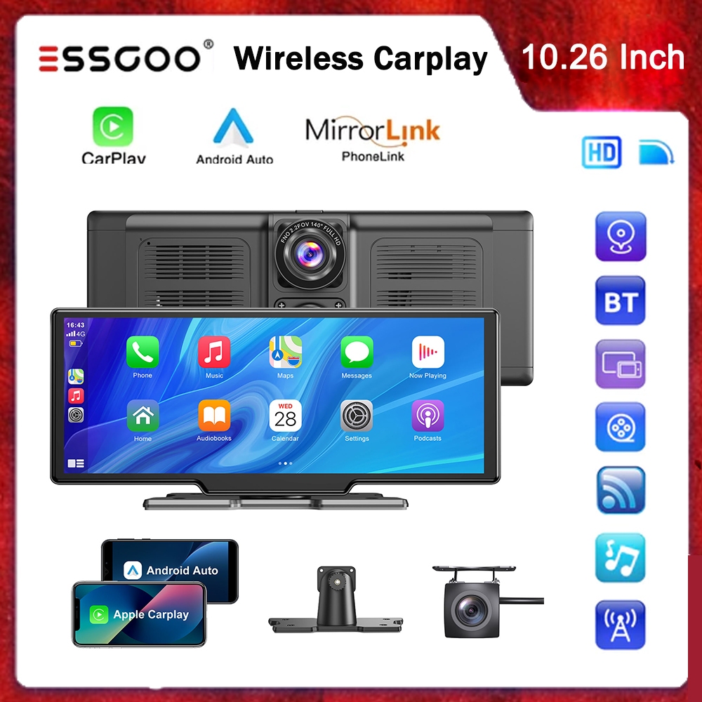 ESSGOO Carplay Android Auto Car Radio Multimídia Video Player Gravador De Condução Portátil 10.26 Polegadas HD Touch Scr