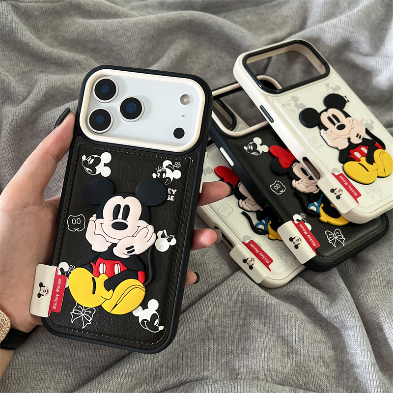 Capa De Couro De Luxo Mickey Minnie Em Relevo 3D Para iPhone 17 16 15 14 13 Pro Max Fashion Case