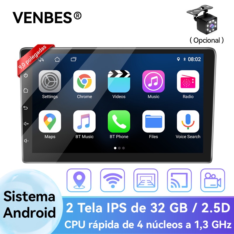 VENBES  Central Multimídia Android 7" 9" 10" 2 Din 2+32GB Espelhamento USB Bluetooth GPS Integrado em Oferta na Shopee
