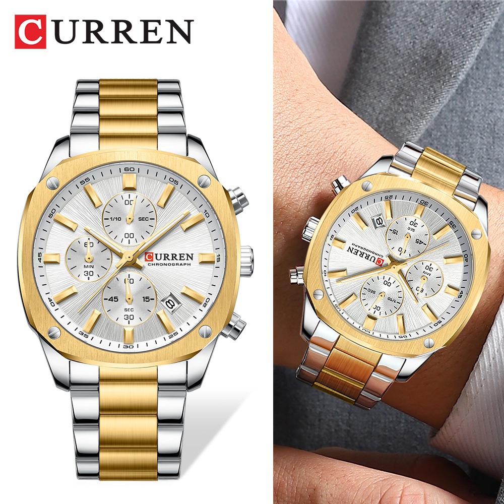 Novo CURREN Relógio Masculino Marca Original Pulseira De Aço Inoxidável Prata Cool-Tone Cronógrafo Mãos Luminosas Mostra