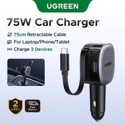 Carregador De Carro UGREEN 75W Retrátil Flexível 3 Portas USB A PD 30W Carregamento Rápido Com Cabo C 75 Cm Máx . Para i