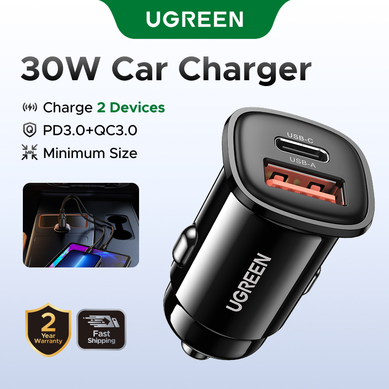 Carregador De Carro UGREEN 30W 18W Porta Dupla De Carregamento Rápido QC Pd Para iPhone XiaoMi Realme Huawei