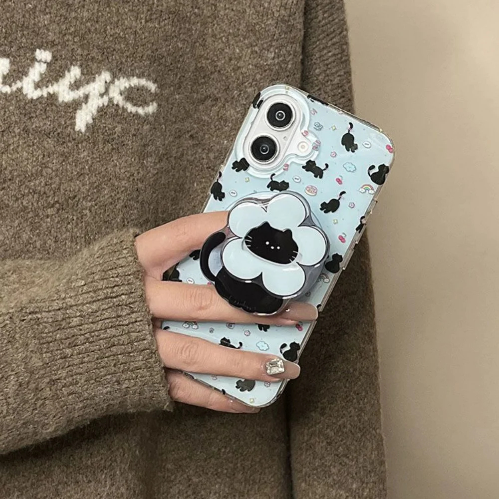 Flor E Gato Preto Padrão Suporte Magnético Griptok De Telefone Para iPhone Compatível Com Almofada Magsafe Smart Tok