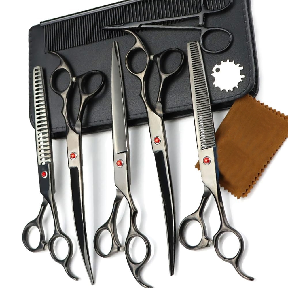 7 PCS Pet Tesoura De Corte De Cabelo, Galvanizado Preto Tesoura De Corte De Cabelo Set para Groom em Oferta na Shopee