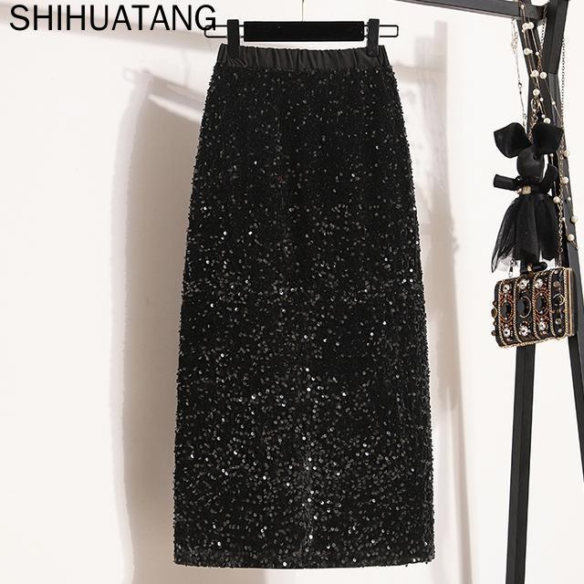 Plus Size Saia De Lantejoulas Primavera Nova High-end Brilhante Cintura Alta Comprimento Médio em Oferta na Shopee