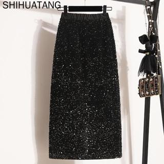 Plus Size Saia De Lantejoulas Primavera Nova High-end Brilhante Cintura Alta Comprimento Médio em Oferta na Shopee