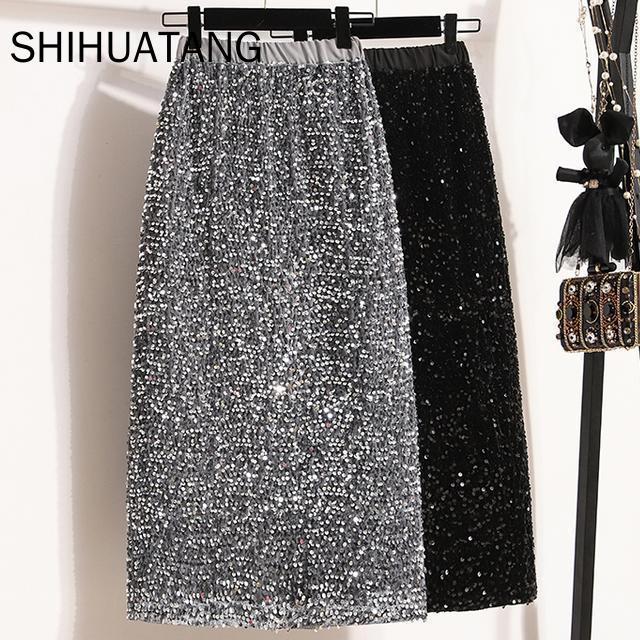 Plus Size Saia De Lantejoulas Primavera Nova High-end Brilhante Cintura Alta Comprimento Médio em Oferta na Shopee