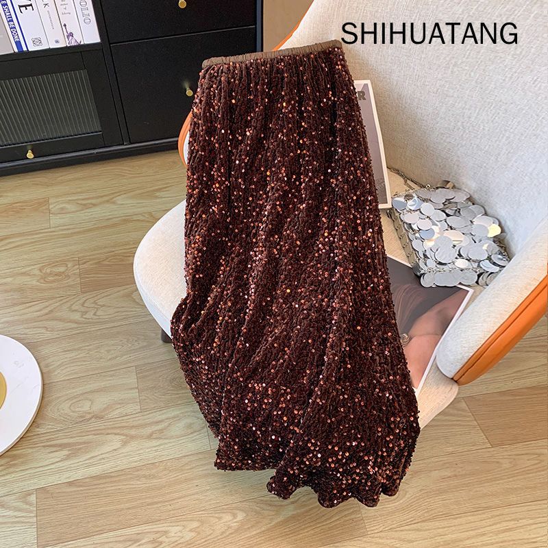 Plus Size Feminino Lantejoulas Nova Primavera Atmosfera Cintura Alta A-Line Saia Elegante Longa Feminina em Oferta na Shopee