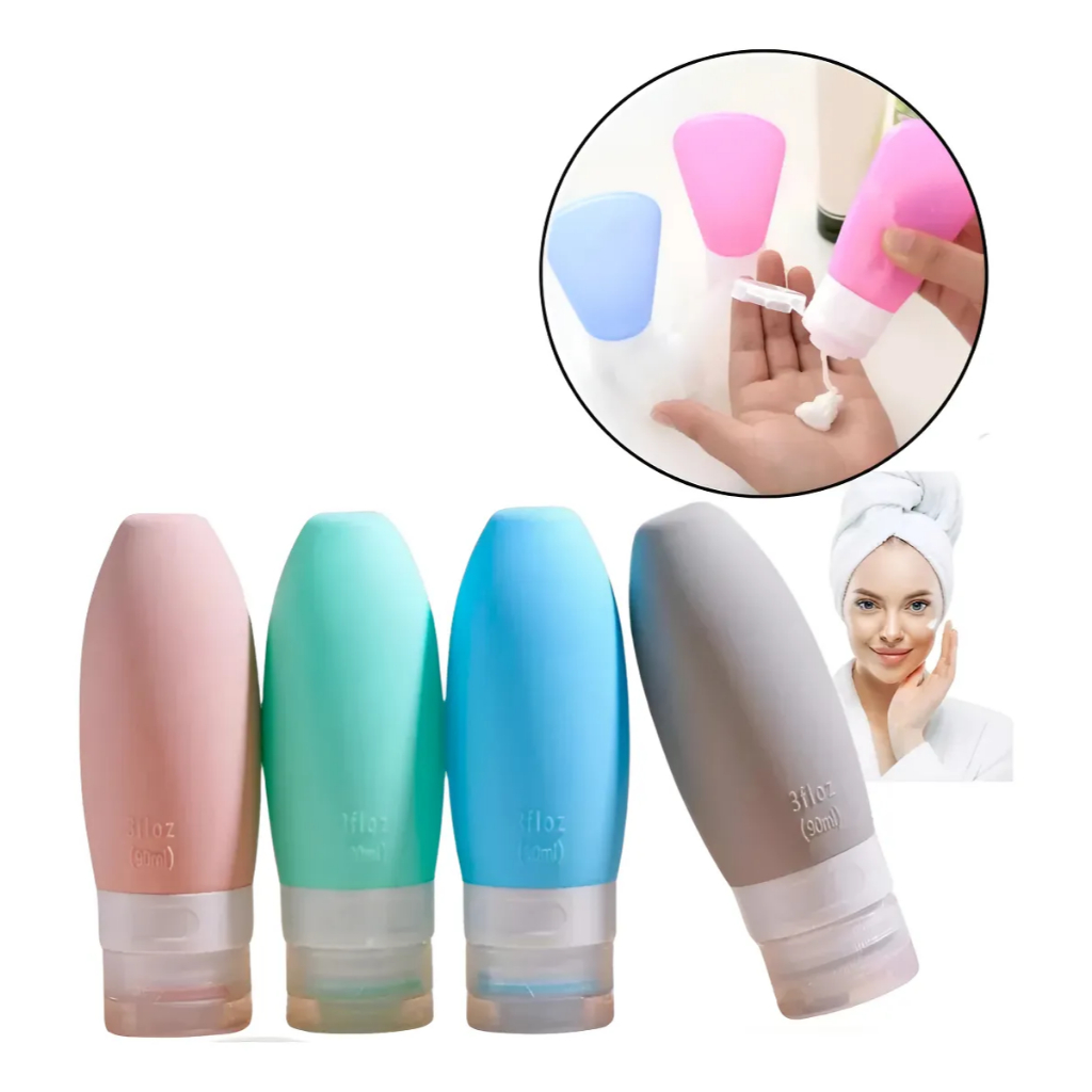 Kit 4 Frascos Cosméticos 90ml Silicone - Portáteis p/ Viagem c/ Shampoo, Creme e Sabonete
