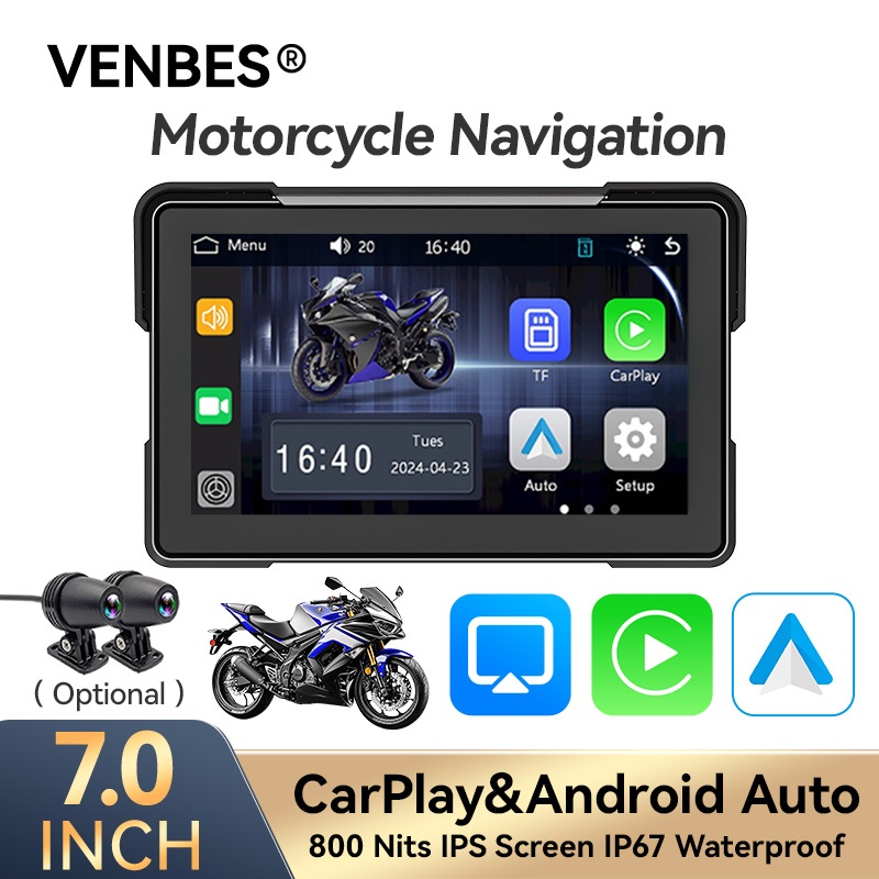 VENBES Central Multimídia Portátil 7" Tela À Prova D'água para Motocicleta Carplay Android Auto Bluetooth
