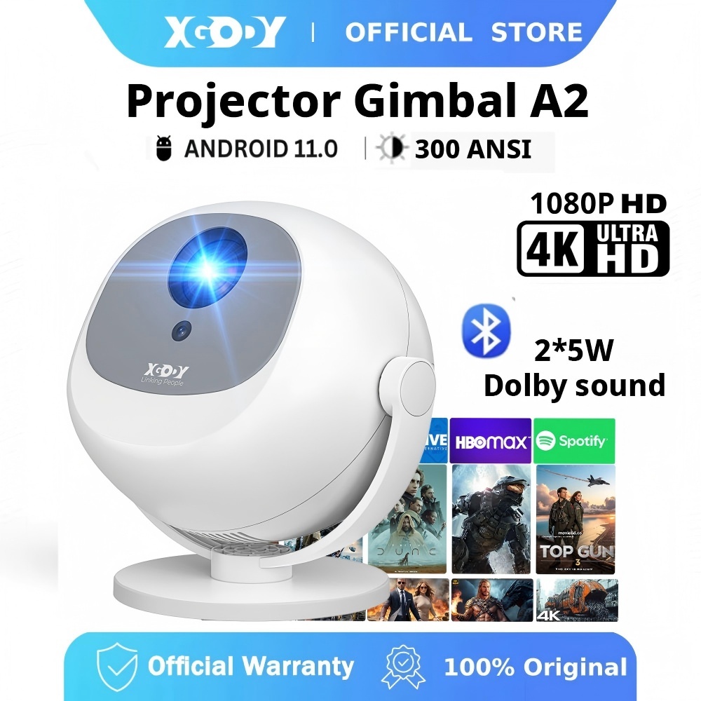Projetor XGODY Gimbal A2 Android 11 HD 1080P Foco Elétrico Alto-Falante Embutido 2x3W 300 ANSI Home theater