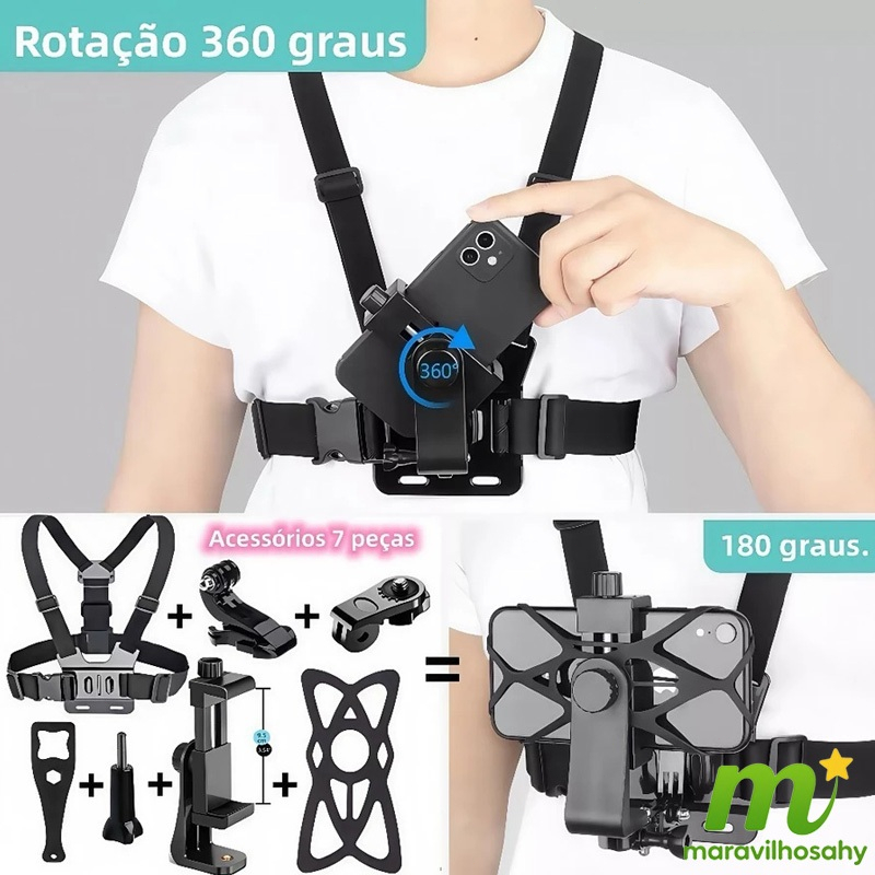 Kit 7 conjuntos de suporte de peito ajustável | Adequado para celular + câmera esportiva (GoPro)| Função Anti-vibração em Oferta na Shopee
