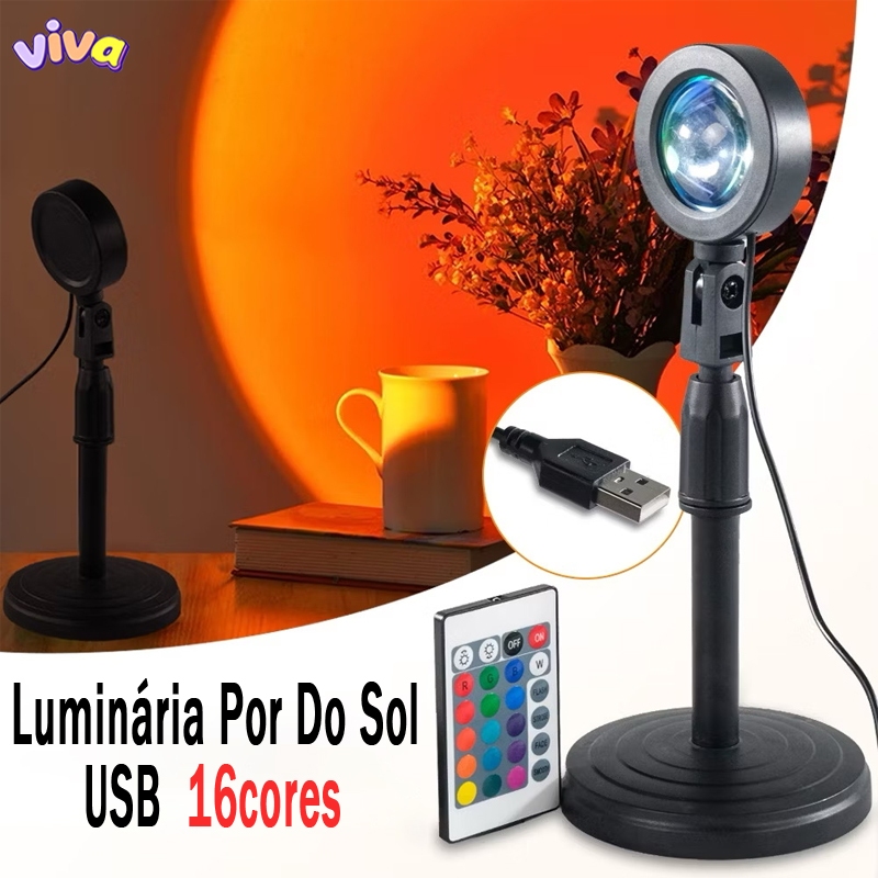 Luminária Por Do Sol Luz Noturna Projetor Led Sunset 16 cores com Remoto USB Casa Loja Fundo Decoração  Fotografia