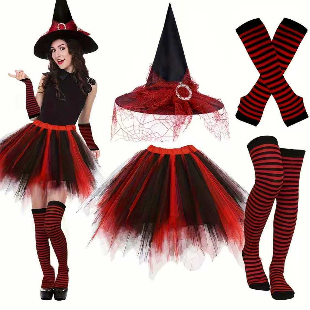 Mulher Halloween Bruxa Traje Chapéu Tule Tutu Saia Meias Varinha Cosplay Acessório