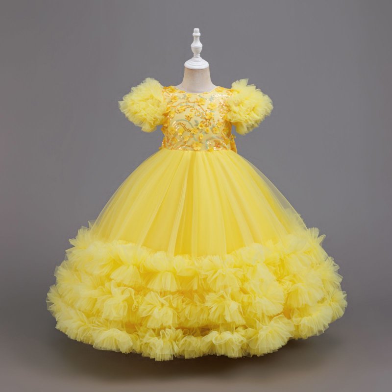 Crianças vestido de princesa 2025 amarelo longo vestido de aniversário 6-10 anos de idade meninas vestido de festa
