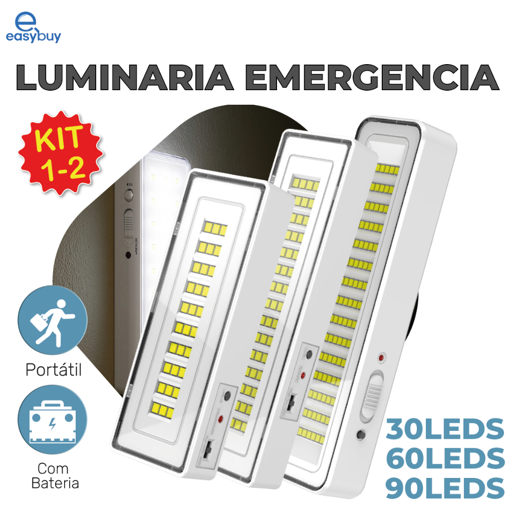 Kit 2 Luminária Emergência Lâmpada Portátil 30 60 90 Leds Recarregável Bivolt Luz Branca Fria