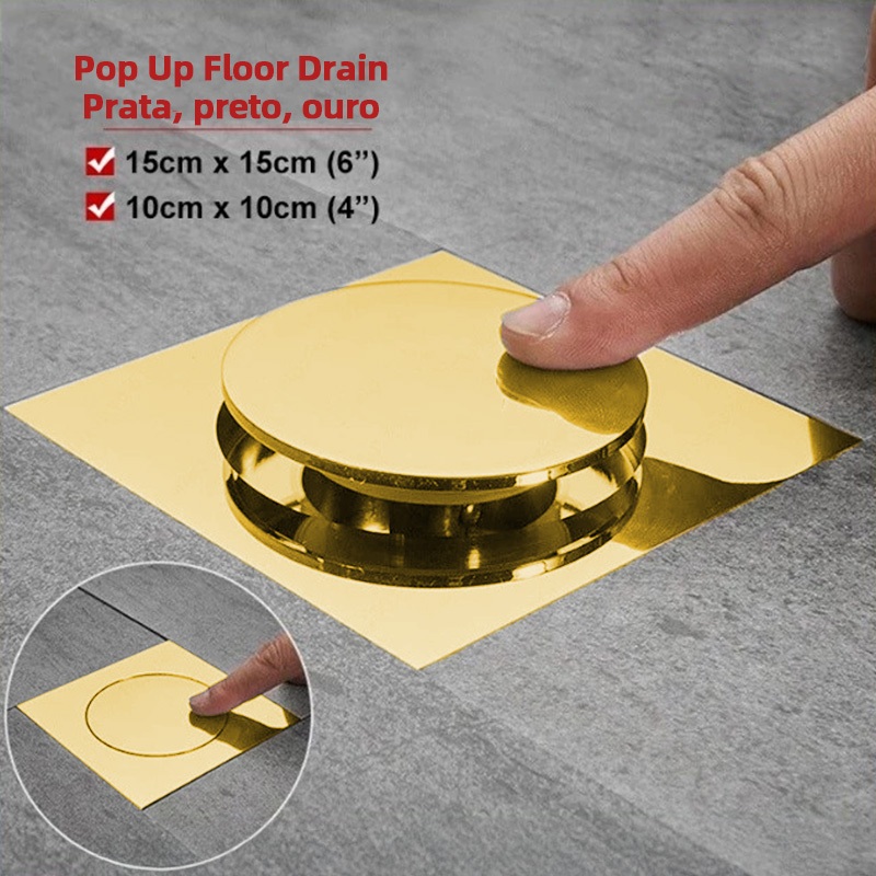 Kit  dourado Ralo  Inteligente Click 10x10 15x15 Cm Inox Banheiro Lavabo Veda Cheiro