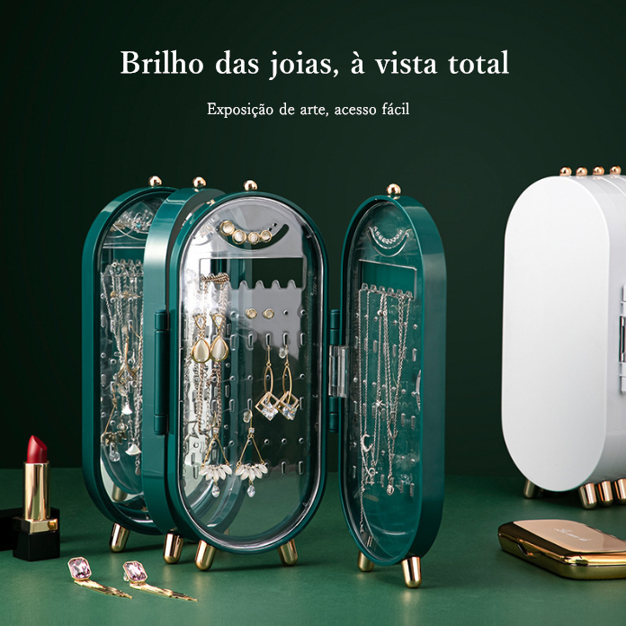 Suporte de joias com tela espelhada dobrável, portátil, armazenamento de mesa, estilo chinês, Vertical, caixa de armazen