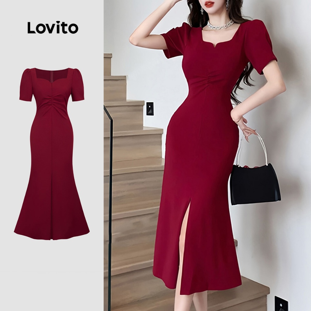 (NEW) Lovito Vestido Elegante com Fenda Frontal Primavera/verão Vermelho para Mulheres L155ED103 em Oferta na Shopee