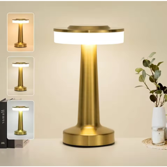 Luminária de Mesa em Metal Dourado/Prata/Cobre com Tela Sensível ao Toque e Recarregável, LED Sem Fio