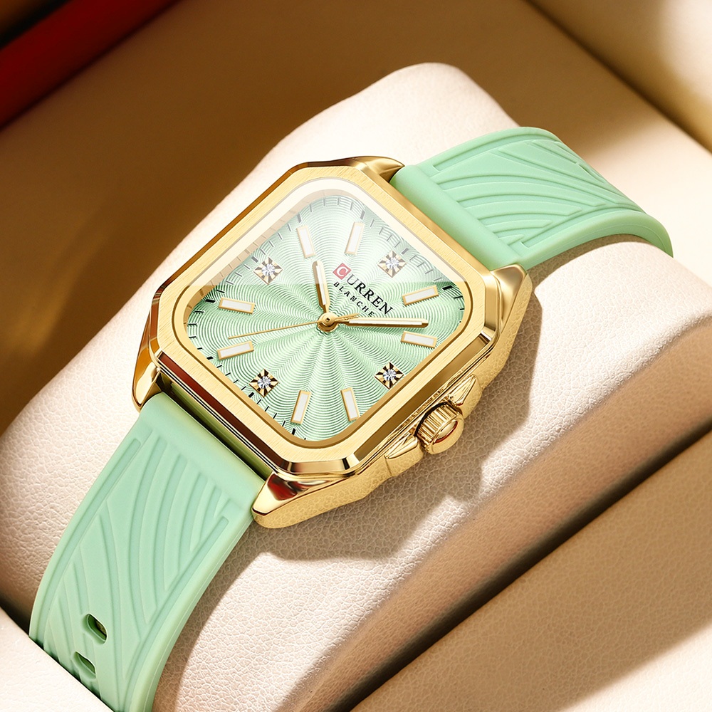 Relógio Feminino Autêntico CURREN Nova Pulseira Quadrada De Silicone Com Mãos Luminosas Design Exclusivo Estilo Versátil