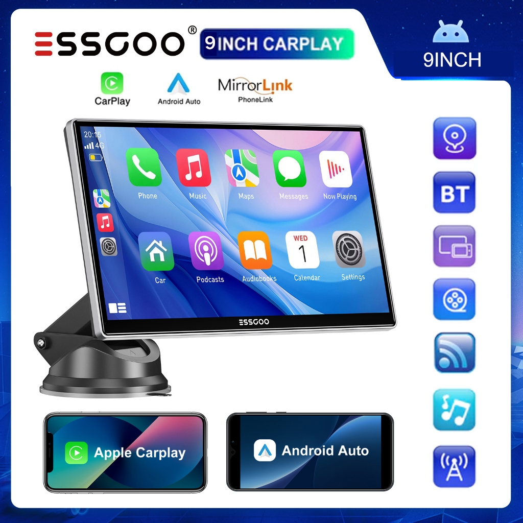 ESSGOO 9 Polegada Portátil CarPlay Multimídia Android Auto Car Radio Video Player Touch Screen Com USB AUX Para Câmera D em Oferta na Shopee