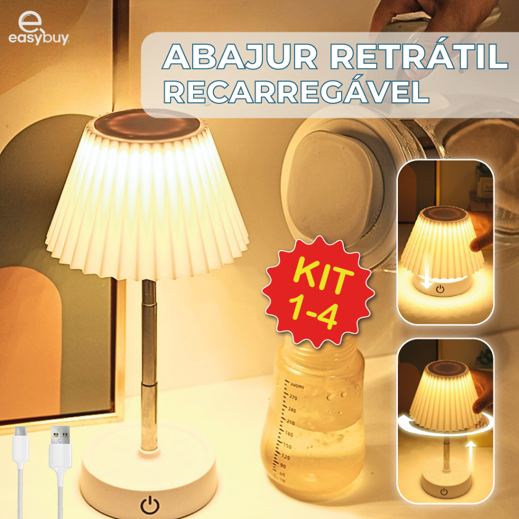 Kit 4 Luminária de Mesa Abajur LED Recarregável Retrátil de Aço Luz Neutra Ajustável 3 Tons USB