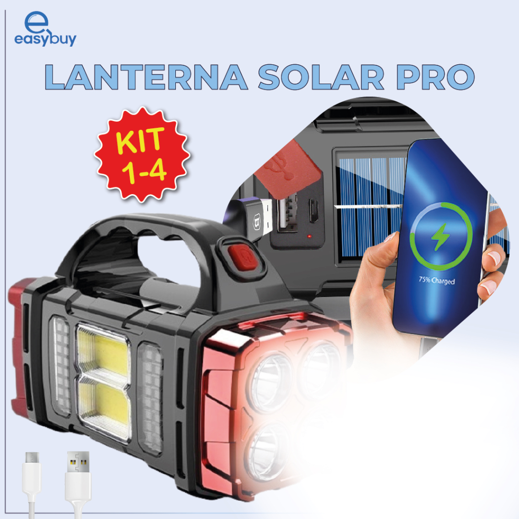 Imagem Lanterna Holofote Solar Pro Led Super Potente Recarregável com USB Luz Fria e Quente