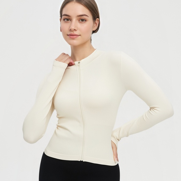 Jaqueta Fitness Canelada Com Zíper E Dedal Casaco Corta Vento Feminino Academia Treino Poliamida Premium Modelo Slim
