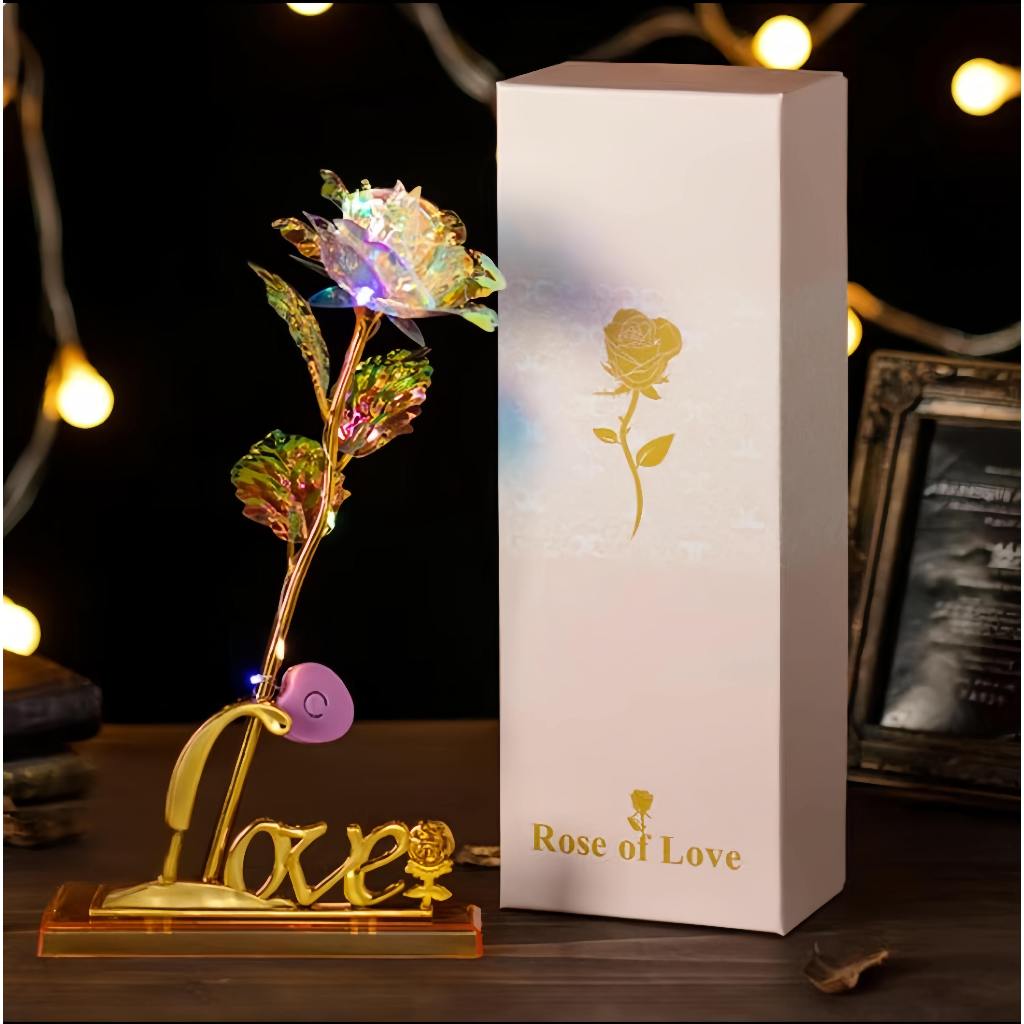 Rosa Brilhante Flor Artificial 24k Folha Plástico Na Caixa De Presente