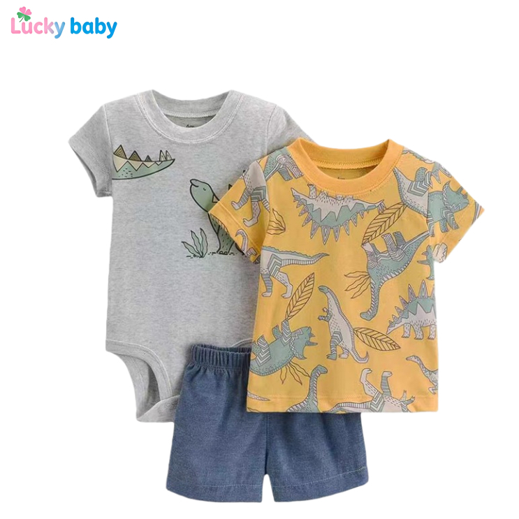 【Promoção】Lucky baby  Infantil de Manga Curta Masculina Feminina Pullover T-Shirt +Shorts Roupa de Fato de 3 peças em Oferta na Shopee