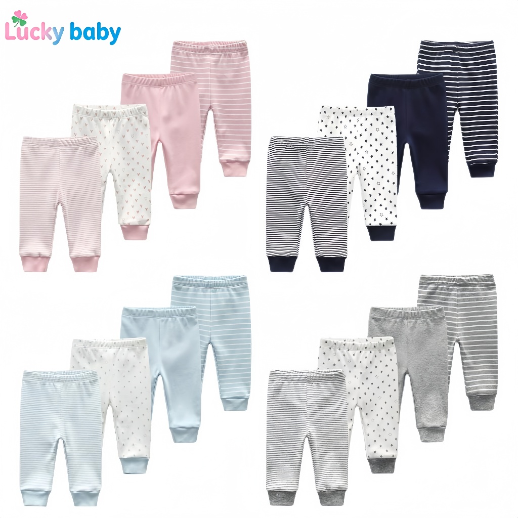 Lucky Baby Calça Infantil Bebê 100% Algodão Unissex Macio Confortável Listrada e Pontilhada 0–12 Meses