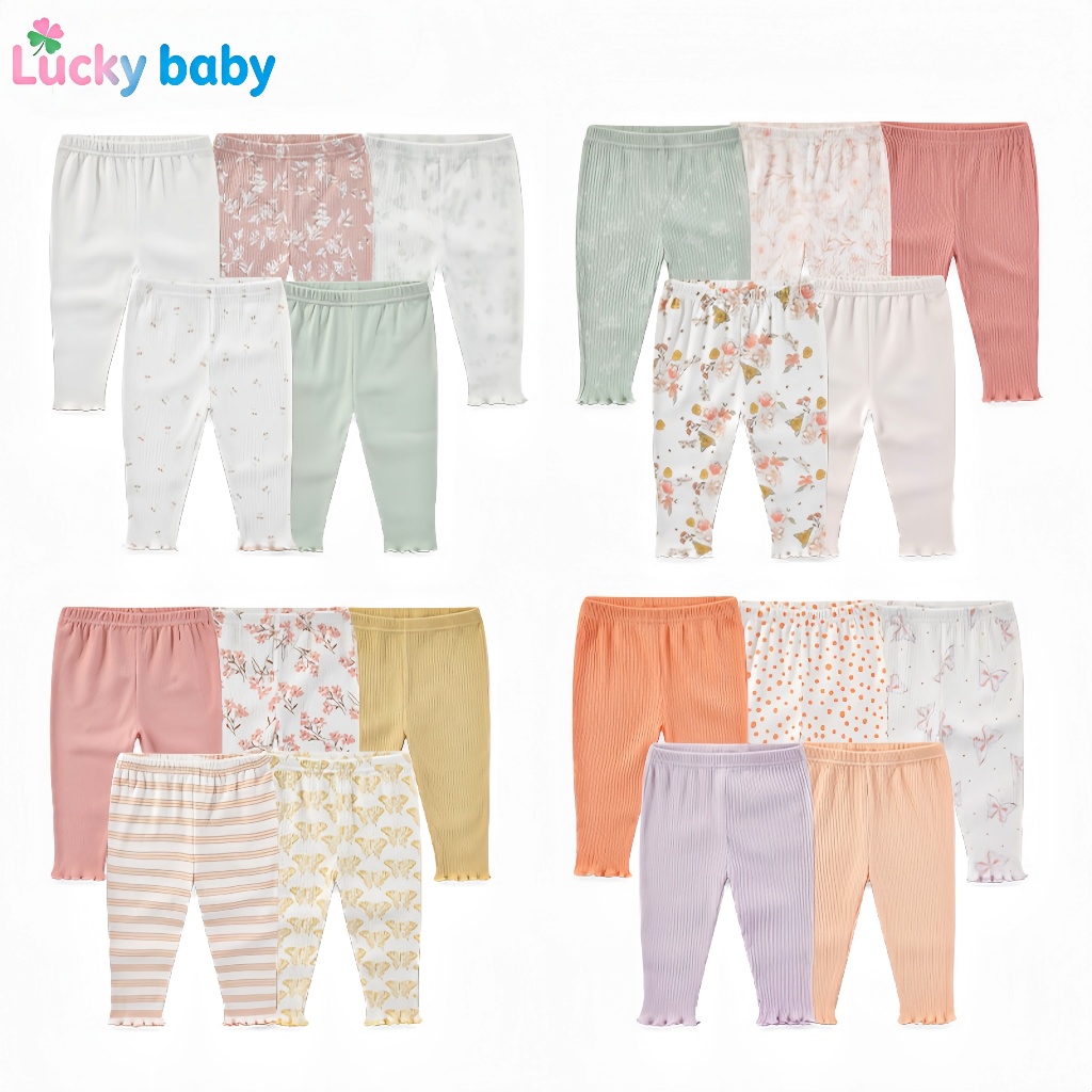 Lucky Baby Calça Legging Bebê Menina Verão 100% Algodão Respirável Borda Ondulada Estampa Floral 0–12 Meses
