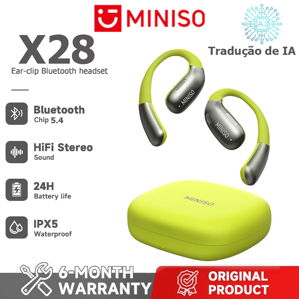 MINISO X28 Fone de ouvido para tradução de idiomas AI Fone de ouvido Bluetooth sem fio OWS Suporta 135 Fones de ouvido e