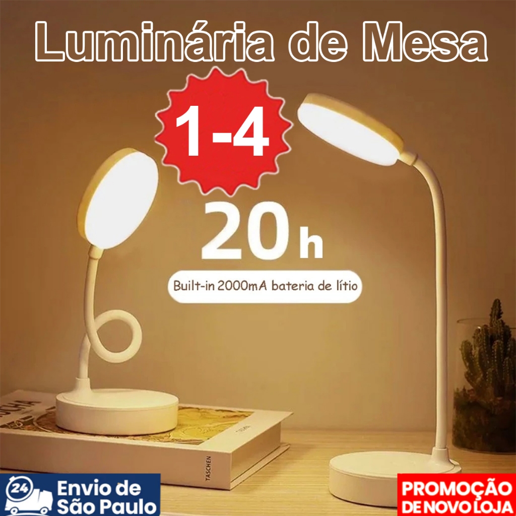 Luminária Abajur de Mesa LED Luz Recarregável Touch Haste Flexível Brilho Ajustável Lâmpada de Estudo Sem Fio Portátil