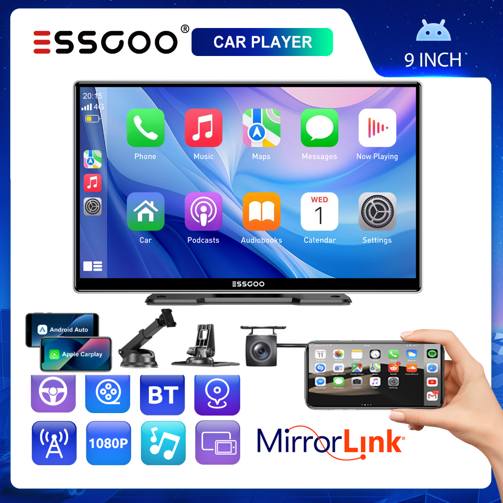 ESSGOO Reprodutor Multimídia Para Carro De 9 Polegadas Sem Fio Apple Carplay E Android Auto Com Câmera Traseira em Oferta na Shopee