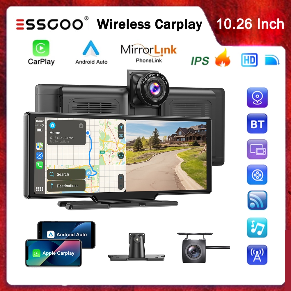 ESSGOO 10.26 Polegadas Centro Multimídia Portátil Carplay Android Auto Car Radio Video Player Gravador De Condução HD To