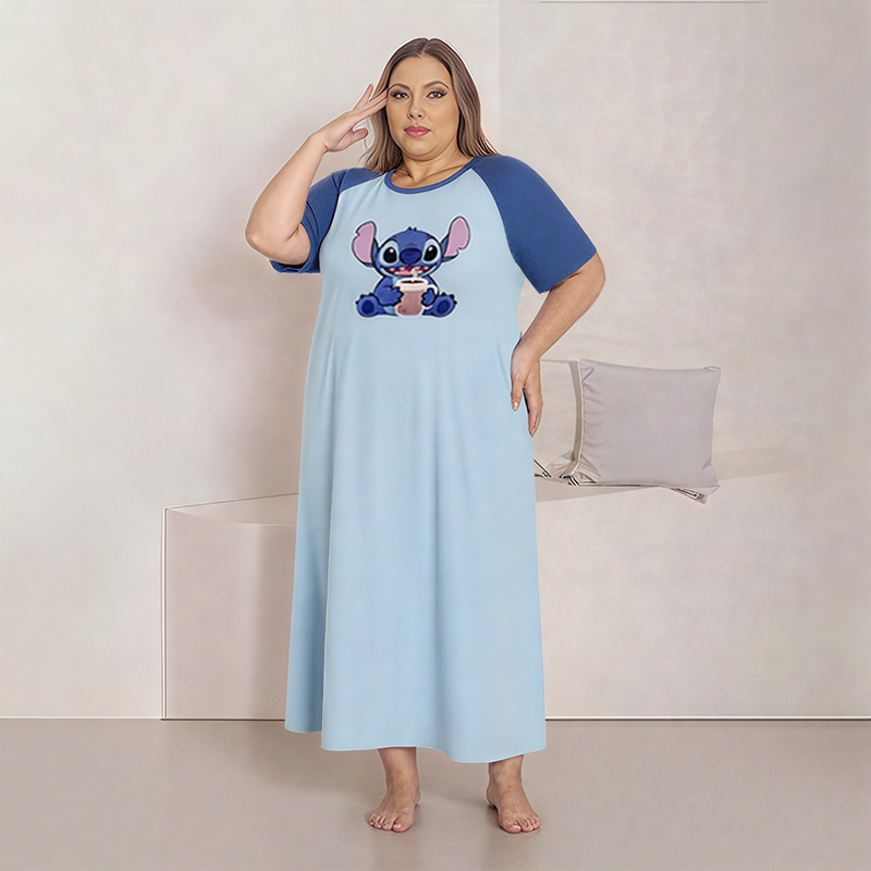 [Camisa Grande] (40-150kg) Estampa De Desenho Animado Feminina Plus Size Verão Confortável Roupa De Dormir Vestido Casua em Oferta na Shopee