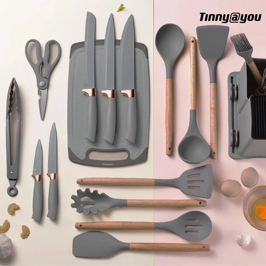 Kit Completo Jogo de Cozinha 19 Peças Com Tábua em Silicone Espátula Faca Tesoura Utensílios