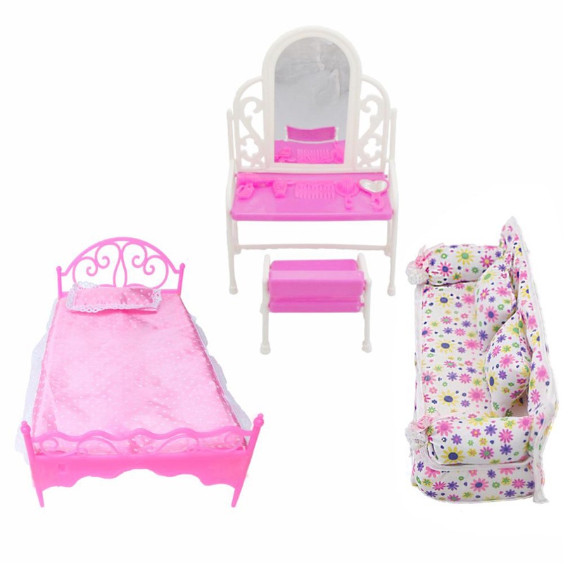 3 Peças/Lote De Acessórios Para Bonecas De 11.5 Polegadas = 1x Móveis Cama De Boneca + 1x Penteadeira Casa + 1 Sofá De T