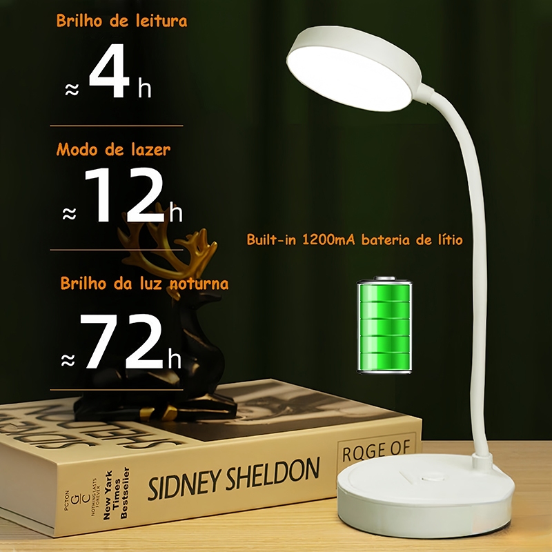 Luminária Abajur de Mesa LED Luz Lâmpada De Estudo Recarregável Touch Haste Flexível