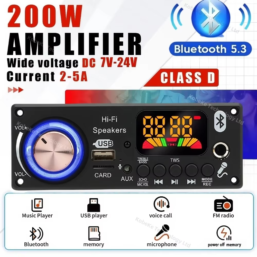 200W Amplificador Bluetooth 5.3 DIY MP3 WAV Placa Decodificadora DC 12V 50W 100 Carro Sem Fio USB MP3 Player TF Slot Par