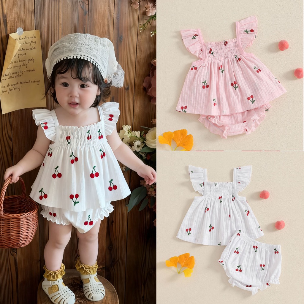 Conjunto De Bebê Menina/Estampa Cereja Manga Voadora Babydoll Gola Tops + Shorts Com Babados Na Cintura Elástica Verão
