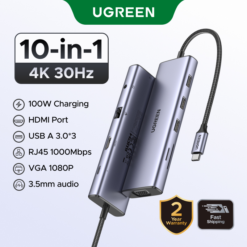 Ugreen Hub 10 Em 1 USB C HDMI Adaptador VGA 4k 30Hz Para 3.0 Dock De Carregamento Rápido De 100W Suporte Macbook