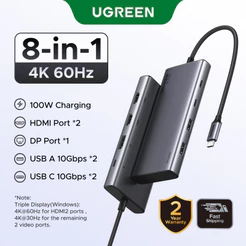 UGREEN 4K60Hz Visor Triplo HUB 13Ports/8 Portas 10Gbps 2X UBS-A + 2X USB-C PD100W Para MacBookPro 2023/DELL/HP/LENOVO