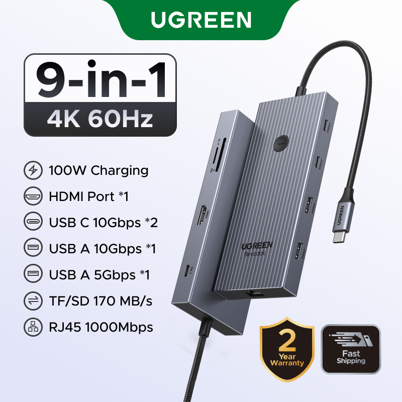 UGREEN 9 Em 1 USB-C Hub HDMI 4K60Hz 5/10Gbps 3.2 A 3 . 0 RJ45 SD TF PD100W Para MacBook Dell HP Acessórios Laptop Dockin