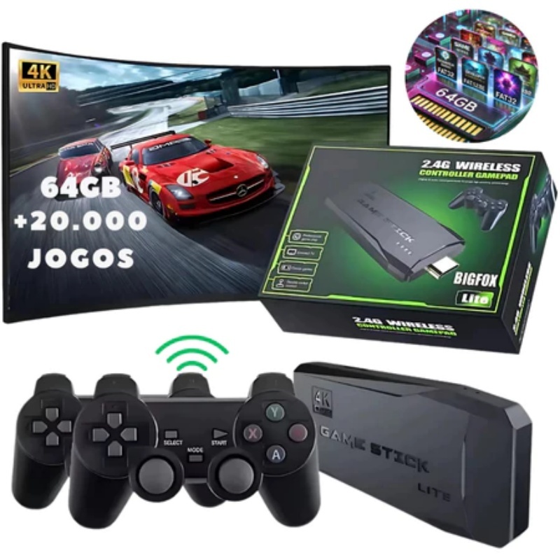 Videogame Stick 4K 64gb Sem Fio Console Portatil 2 Controles Jogos Retro Antigo