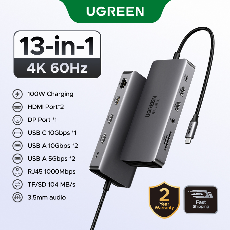 Estação De Acoplamento UGREEN USB C 13 Em 1 4K Display Triplo HDMI Duplo 10Gbps HUB 100W PD SD/TF Para MacBook