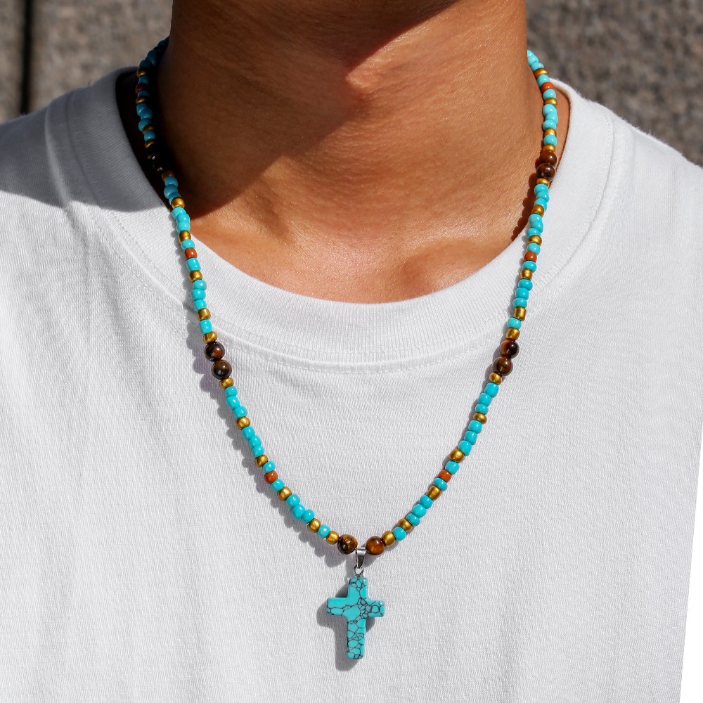 Boho Turquesa Olho De Tigre Pedra Frisado Colar Para Mulheres Cruz Cristã Pingente Longo Corrente Masculino Religião Ora