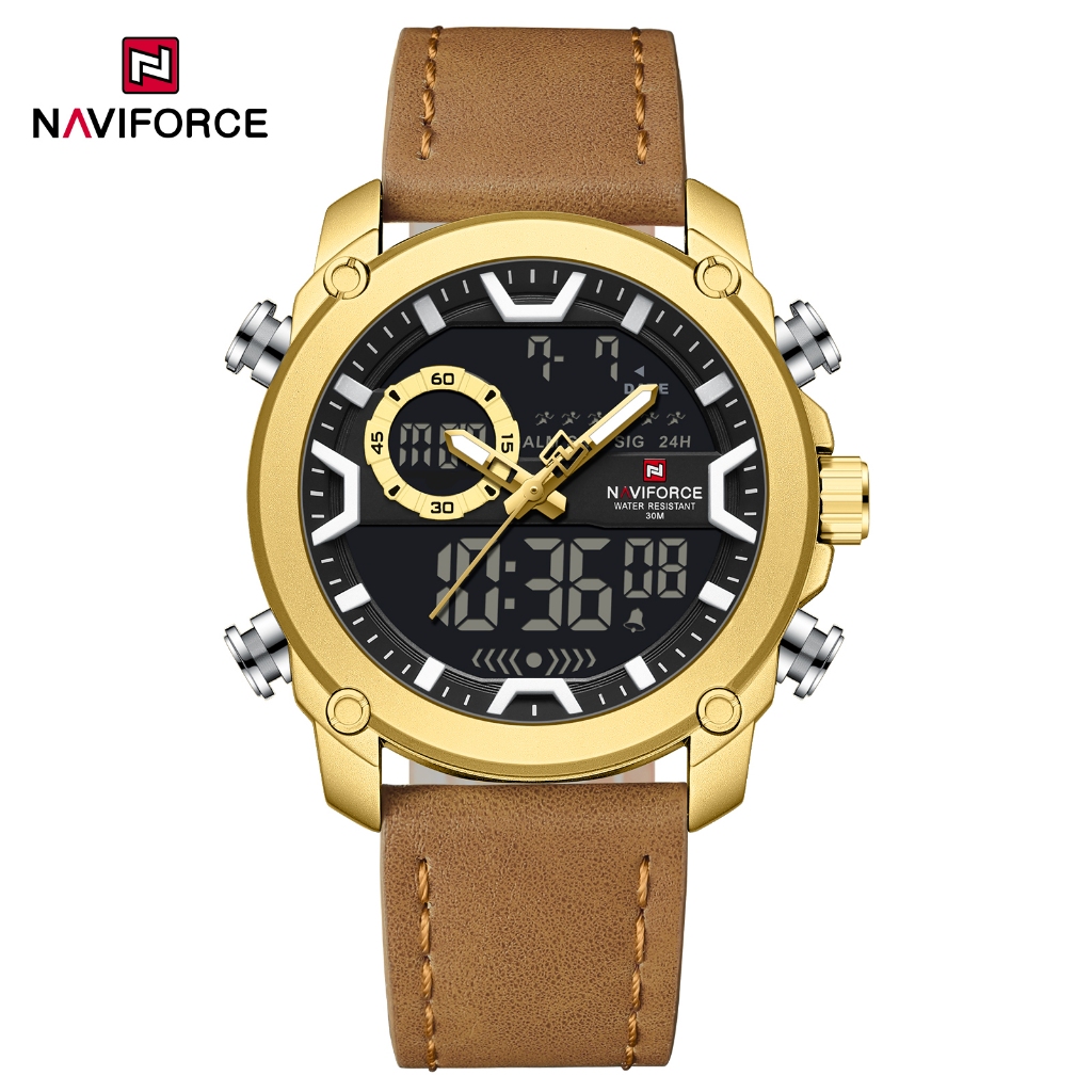 NAVIFORCE 9261 Relógio Masculino Com Pulseira De Couro Genuíno Multifuncional Movimento De Display Duplo